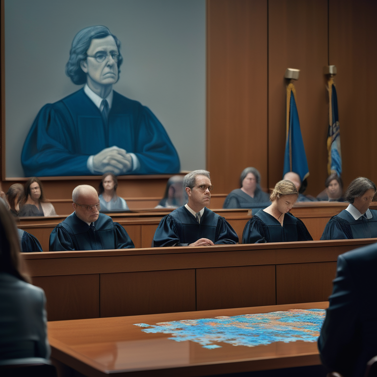 Individuals in a courtroom, each holding a puzzle piece with a baby icon, reflecting the complexities of surrogacy laws.