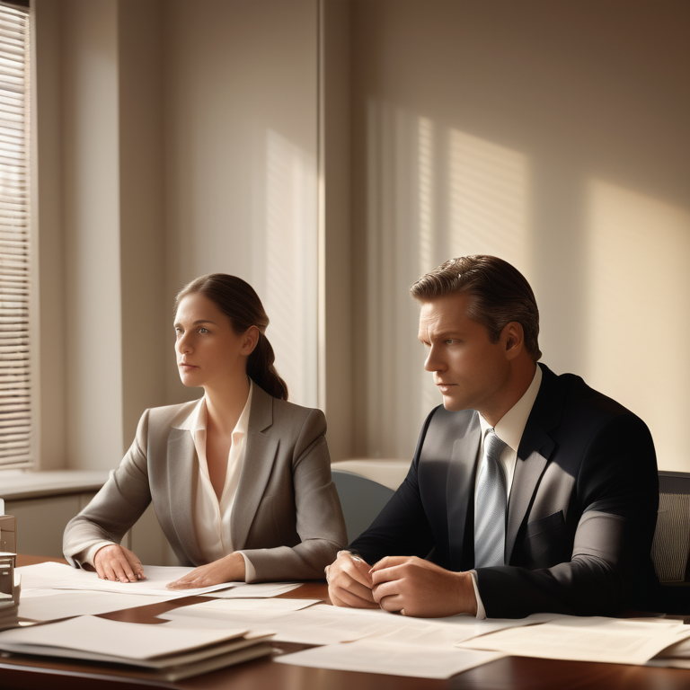 Couple and lawyer discussing a prenuptial agreement in a calming office environment.