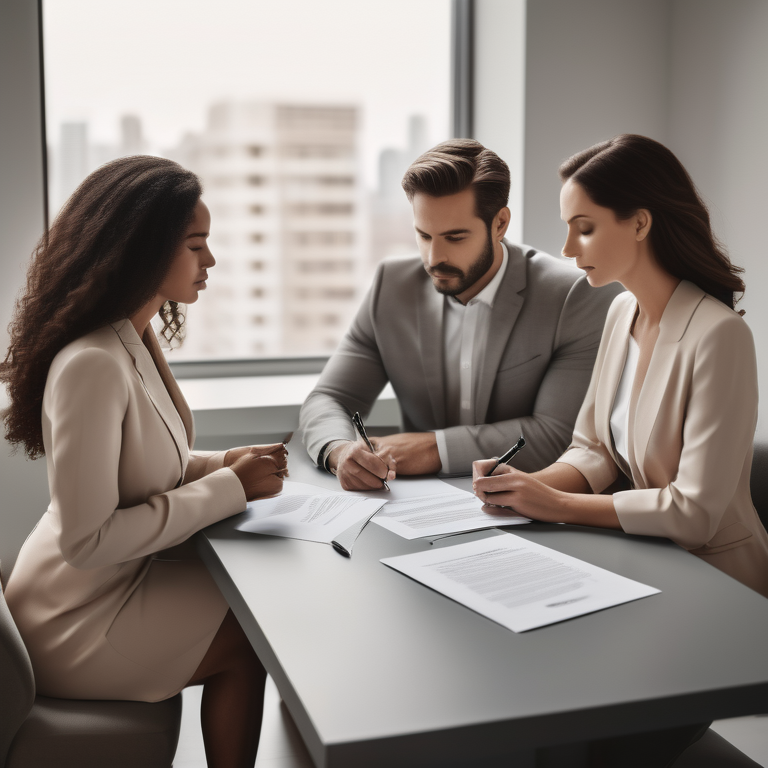 A couple consults a lawyer and signs a prenuptial agreement in a calm, well-lit setting.