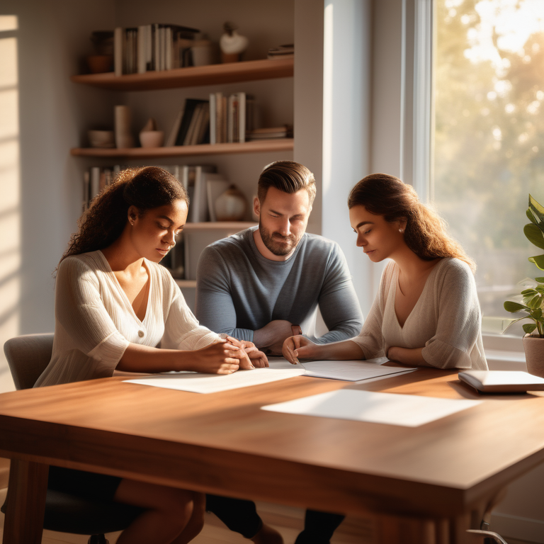 Couple examines a prenuptial agreement in a sunlit home office, symbolizing balance and harmony.