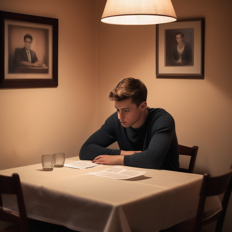 A man sitting at a table looking uncertain with a prenuptial agreement in front of an empty chair.